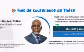 Affiche annonçant la soutenance de thèse de M. Aboubekr THIAM à l'UN-CHK sur les jeux sérieux en contexte africain, le 7 juillet 2026 à l'ENO de Dakar.