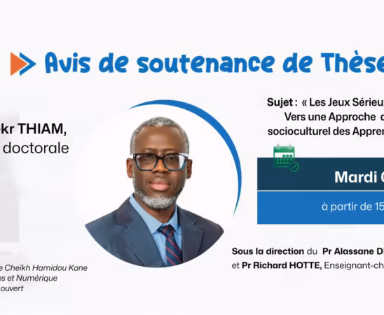 Affiche annonçant la soutenance de thèse de M. Aboubekr THIAM à l'UN-CHK sur les jeux sérieux en contexte africain, le 7 juillet 2026 à l'ENO de Dakar.